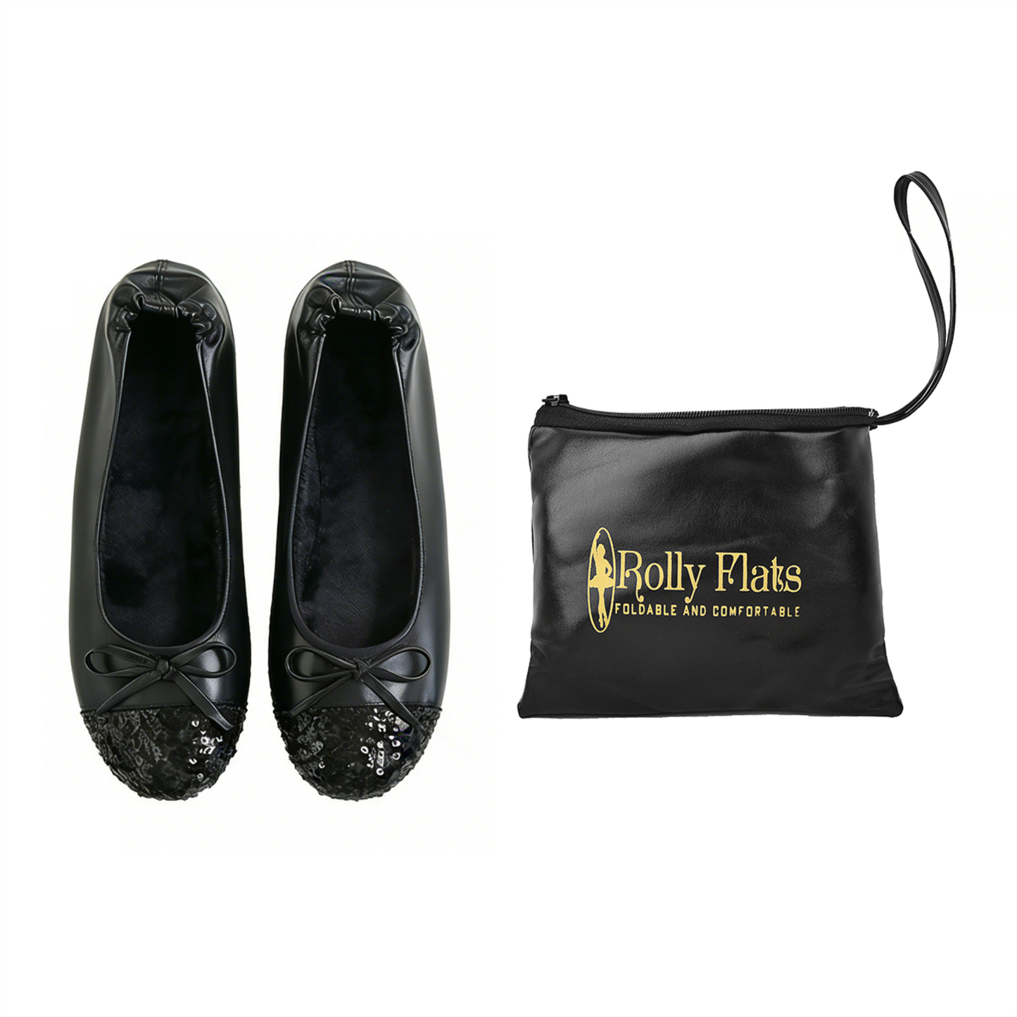 Rolly Flats-Women's Foldable Ballet Flats, Travel & Wedding Shoes, Fit in Your Purse-Black Sequin Tip