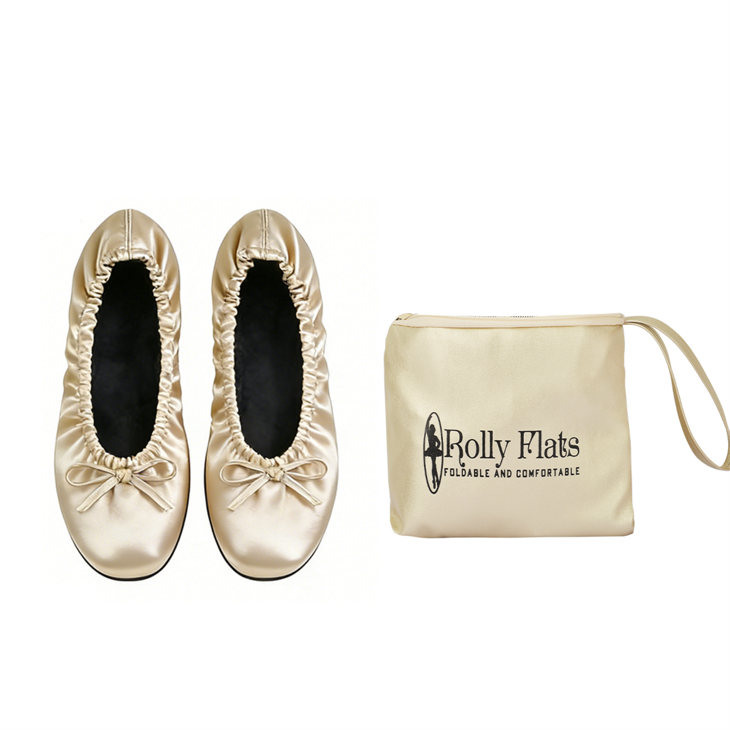 Rolly Flats-Women's Foldable Ballet Flats, Travel & Wedding Shoes, Fit in Your Purse-Champagne Gold (non elastic)