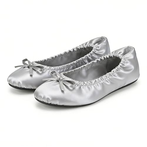 Rolly Flats-Women's Foldable Ballet Flats, Travel & Wedding Shoes, Fit in Your Purse-Silver (non elastic)