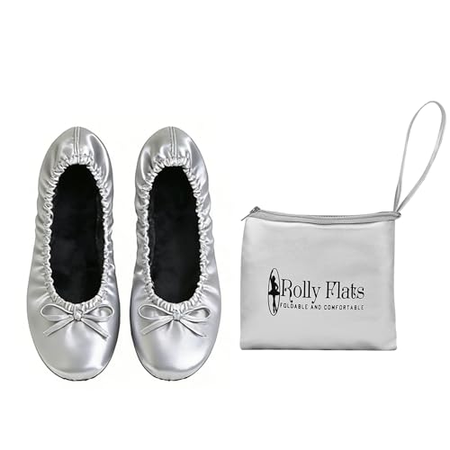 Rolly Flats-Women's Foldable Ballet Flats, Travel & Wedding Shoes, Fit in Your Purse-Silver (non elastic)