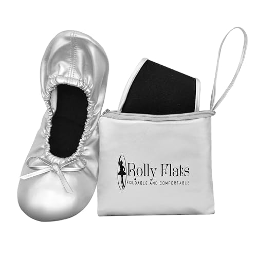 Rolly Flats-Women's Foldable Ballet Flats, Travel & Wedding Shoes, Fit in Your Purse-Silver (non elastic)