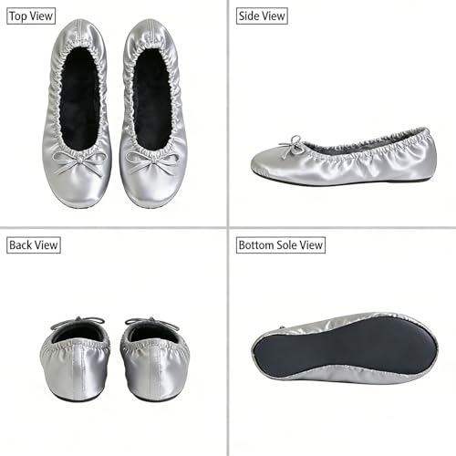 Rolly Flats-Women's Foldable Ballet Flats, Travel & Wedding Shoes, Fit in Your Purse-Silver (non elastic)