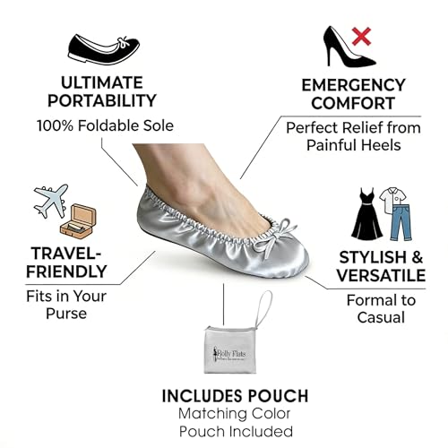 Rolly Flats-Women's Foldable Ballet Flats, Travel & Wedding Shoes, Fit in Your Purse-Silver (non elastic)