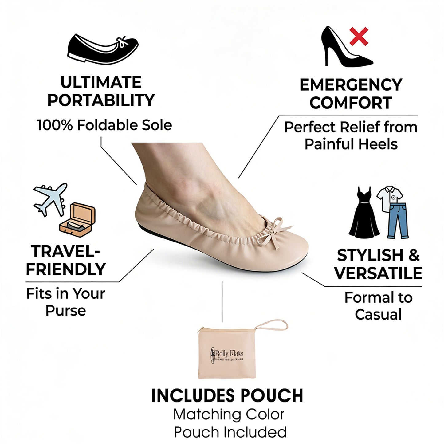 Rolly Flats-Women's Foldable Ballet Flats, Travel & Wedding Shoes, Fit in Your Purse + Tote-Nude