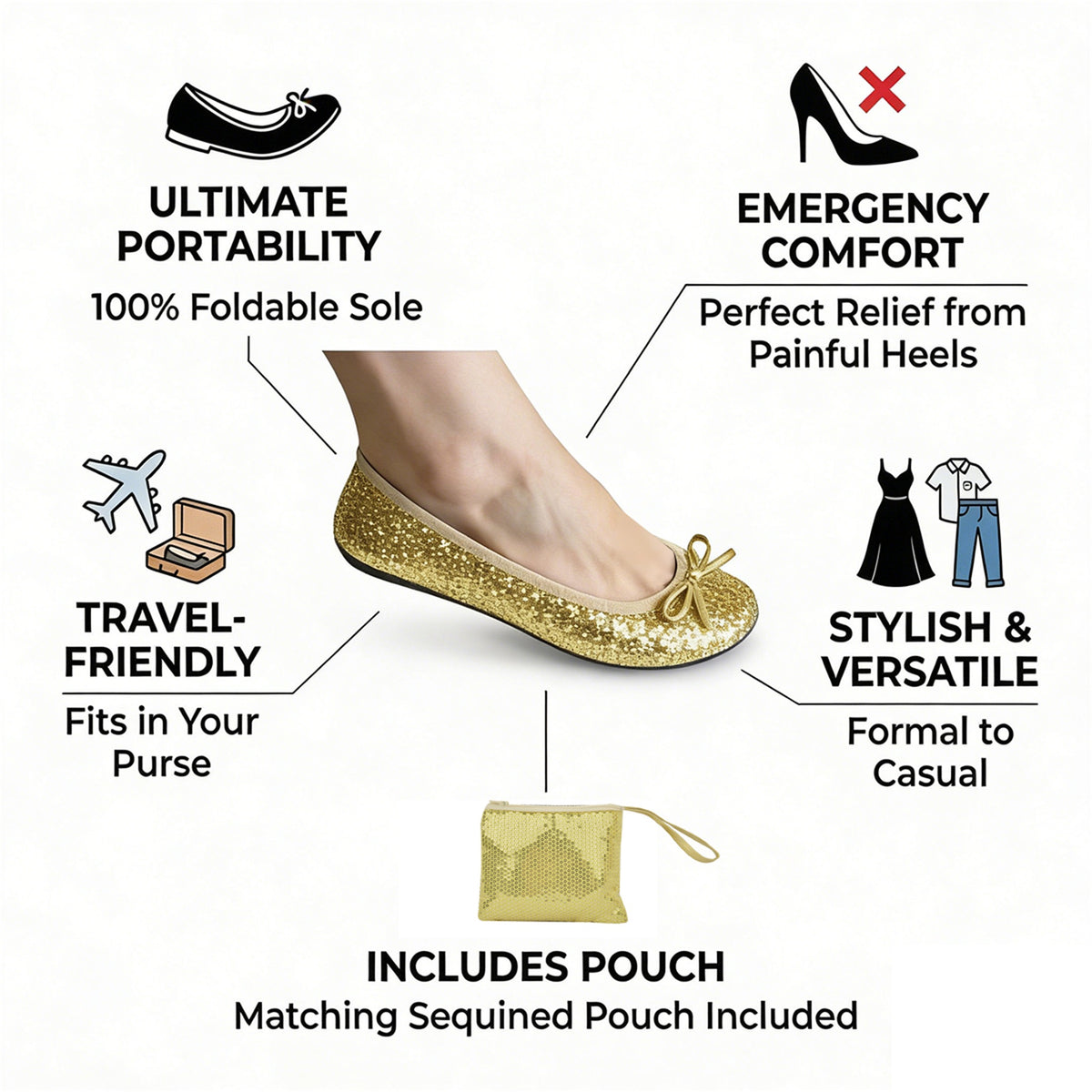 Rolly Flats-Women's Foldable Ballet Flats, Travel & Wedding Shoes, Fit in Your Purse-Gold Sequin