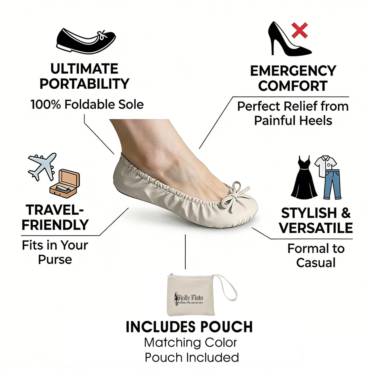 Rolly Flats-Women's Foldable Ballet Flats, Travel & Wedding Shoes, Fit in Your Purse-Pearl White