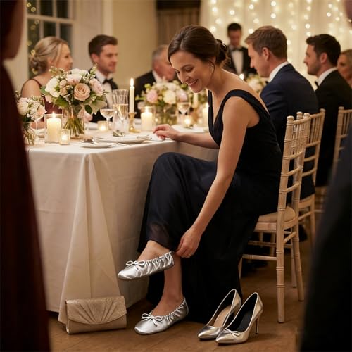 Rolly Flats-Women's Foldable Ballet Flats, Travel & Wedding Shoes, Fit in Your Purse-Silver (non elastic)