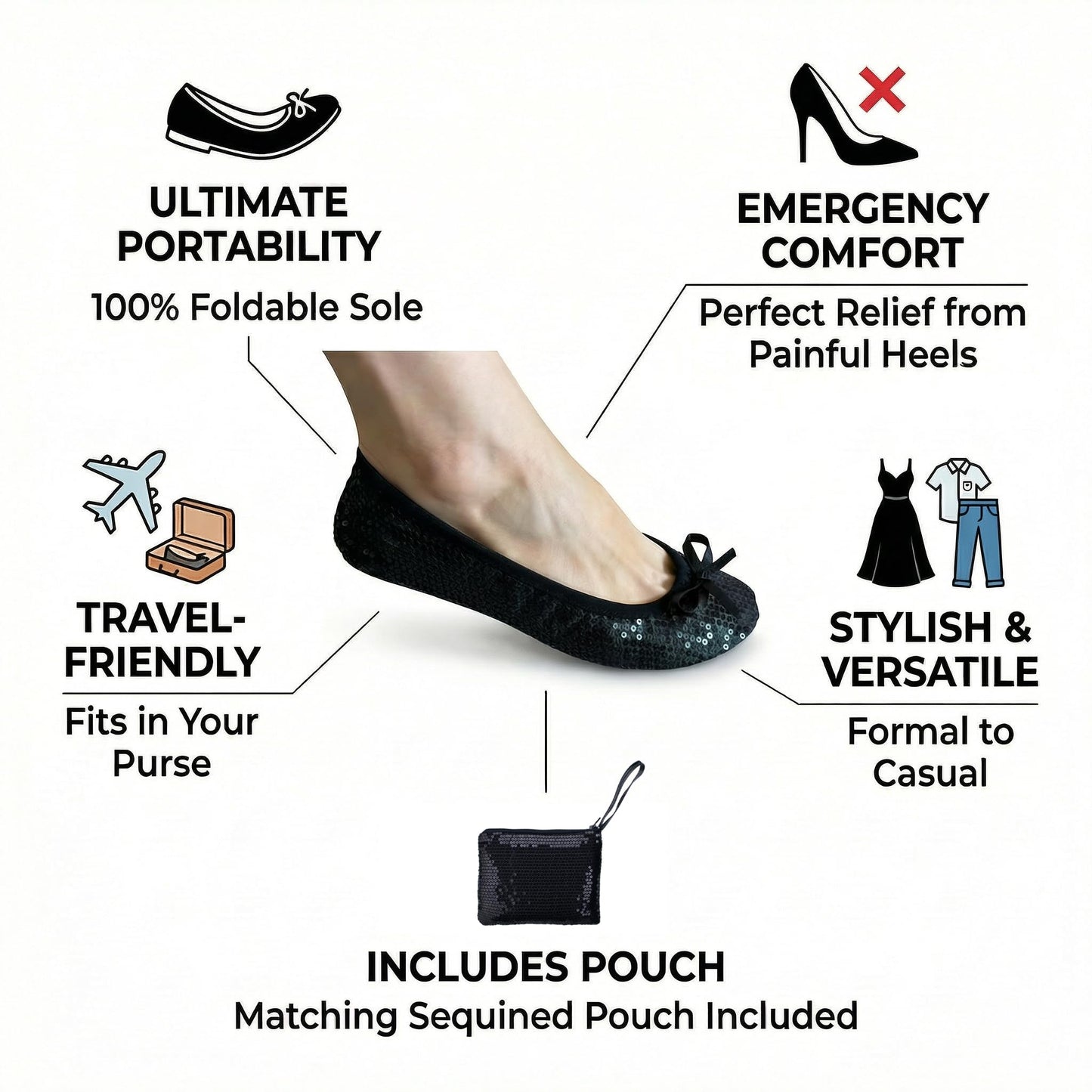 Rolly Flats-Women's Foldable Ballet Flats, Travel & Wedding Shoes, Fit in Your Purse-Black Sequin
