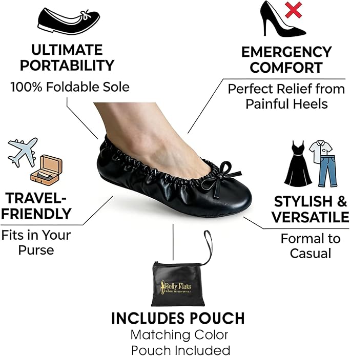 Rolly Flats-Women's Foldable Ballet Flats, Travel & Wedding Shoes, Fit in Your Purse-Black