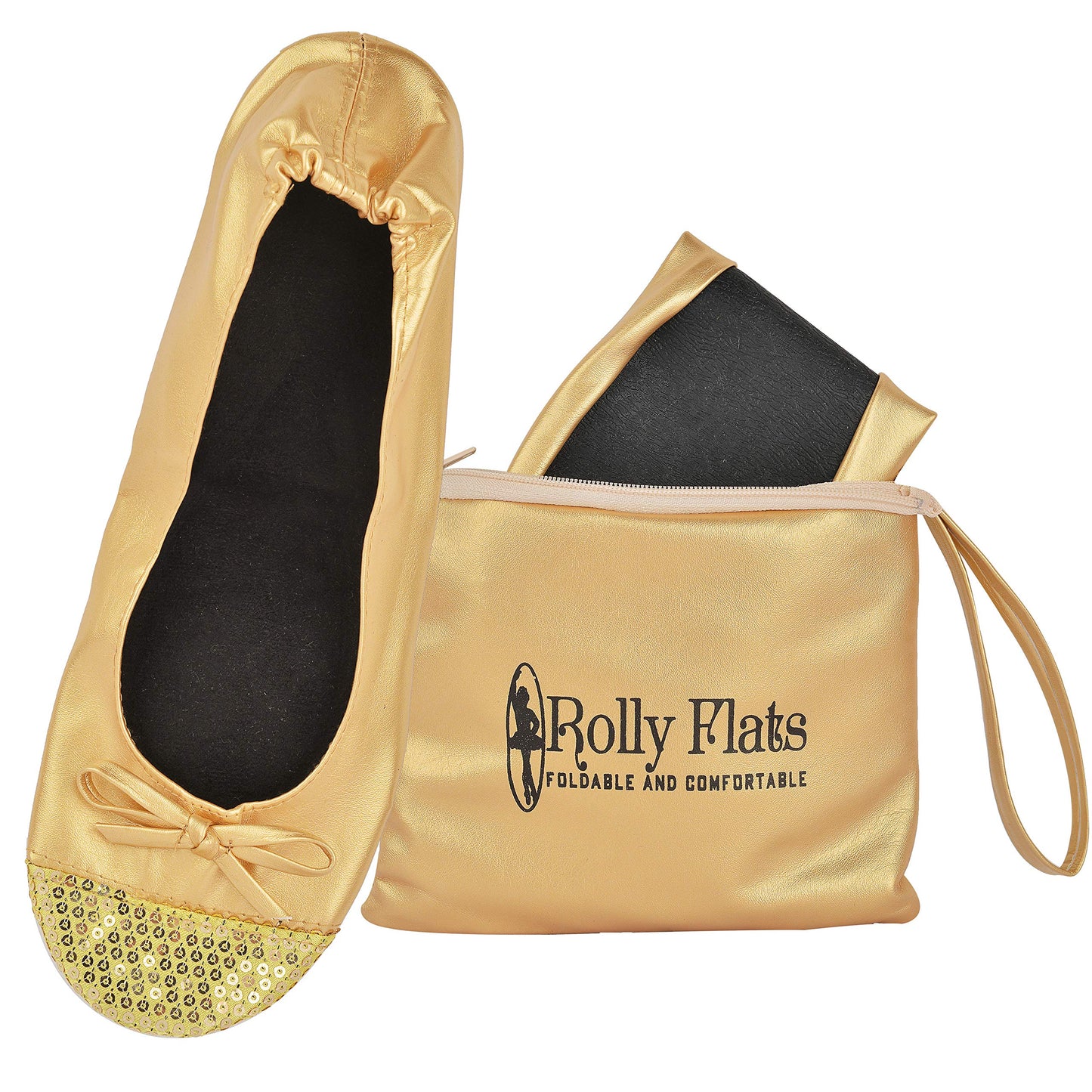 Rolly Flats-Women's Foldable Ballet Flats, Travel & Wedding Shoes, Fit in Your Purse-Gold Sequin Tip