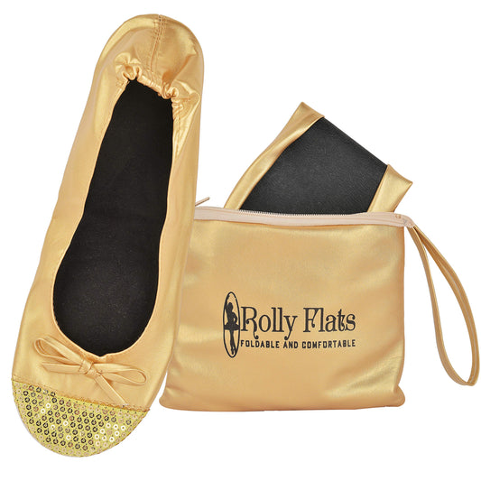 Rolly Flats-Women's Foldable Ballet Flats, Travel & Wedding Shoes, Fit in Your Purse-Gold Sequin Tip