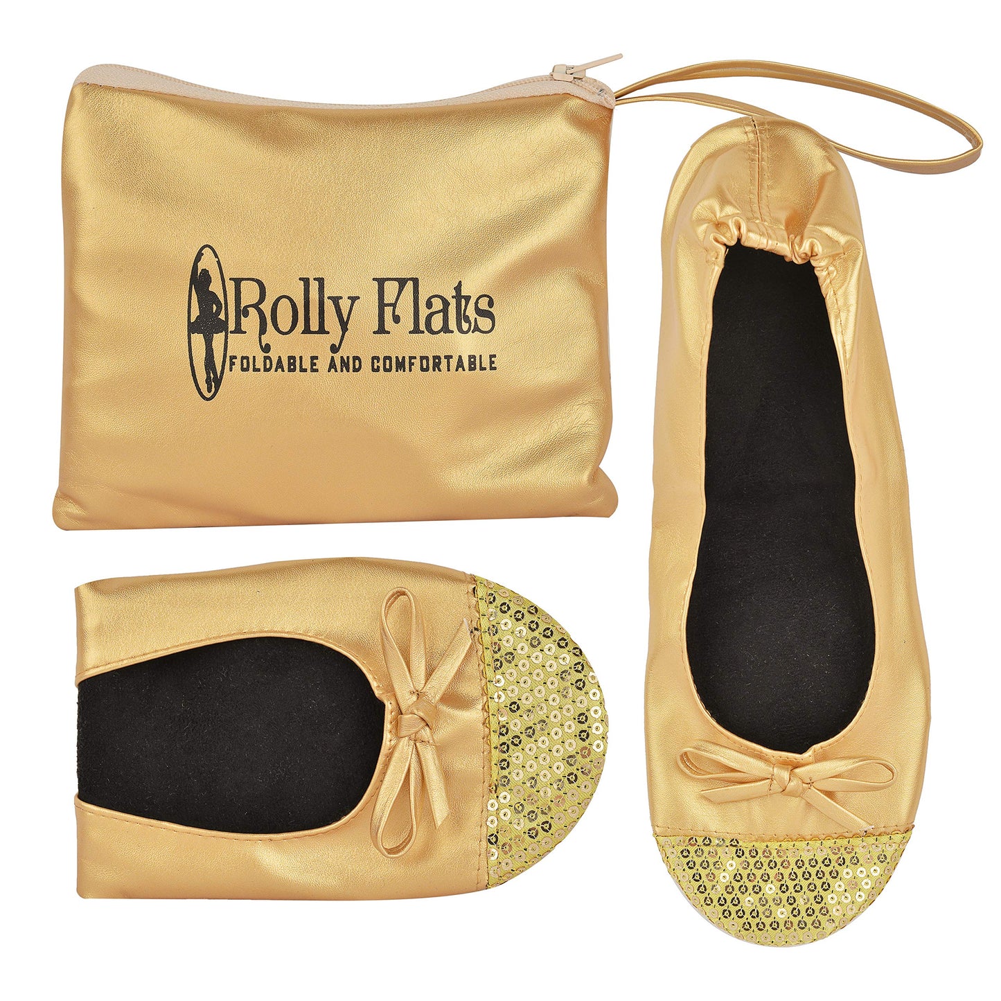 Rolly Flats-Women's Foldable Ballet Flats, Travel & Wedding Shoes, Fit in Your Purse-Gold Sequin Tip