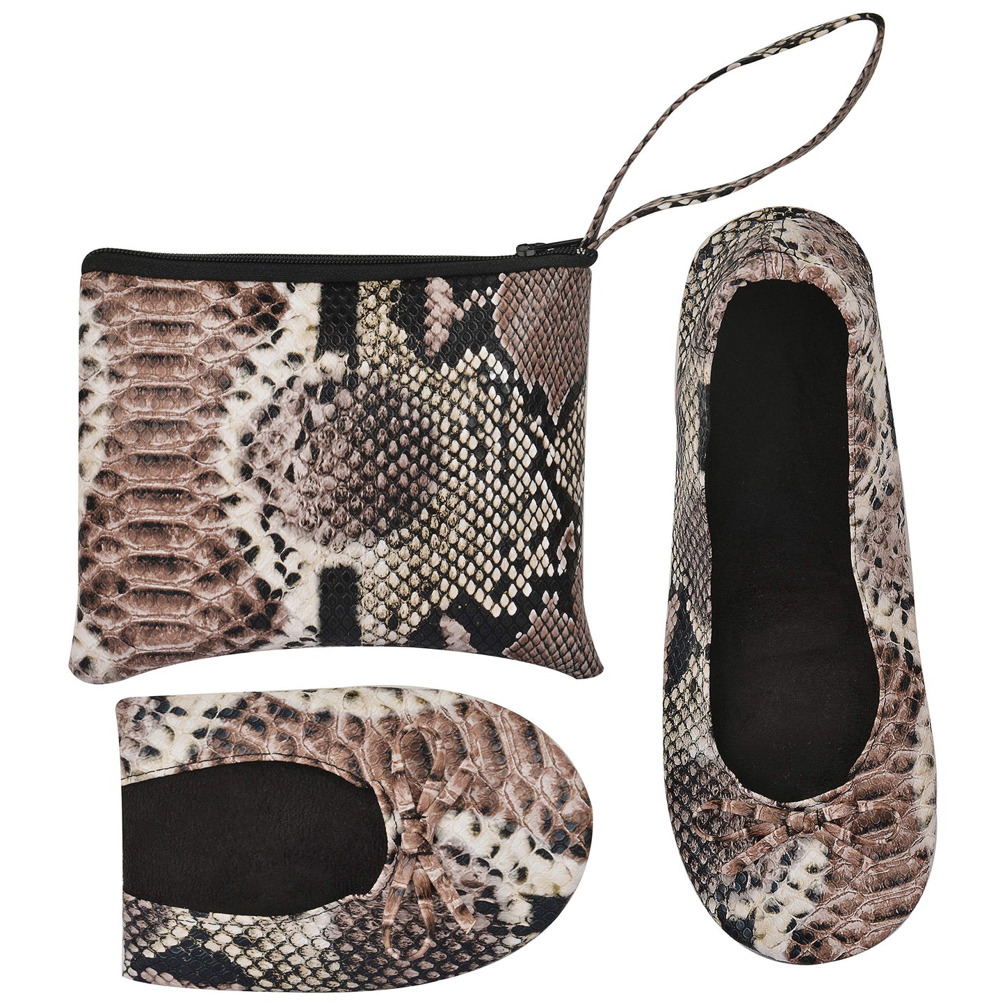 Rolly Flats-Women's Foldable Ballet Flats, Travel & Wedding Shoes, Fit in Your Purse-Black Snakeskin