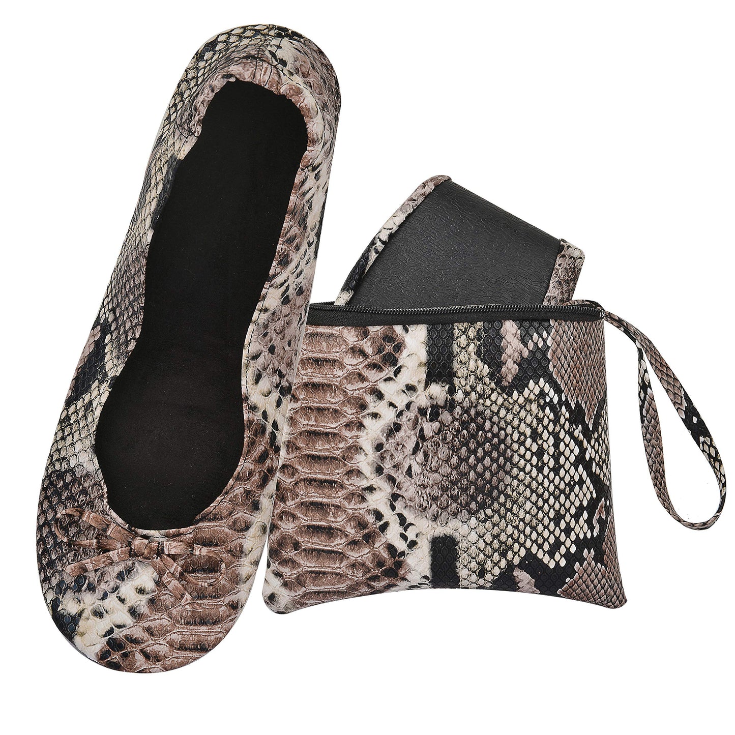 Rolly Flats-Women's Foldable Ballet Flats, Travel & Wedding Shoes, Fit in Your Purse-Black Snakeskin