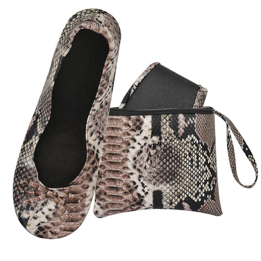 Rolly Flats-Women's Foldable Ballet Flats, Travel & Wedding Shoes, Fit in Your Purse-Black Snakeskin