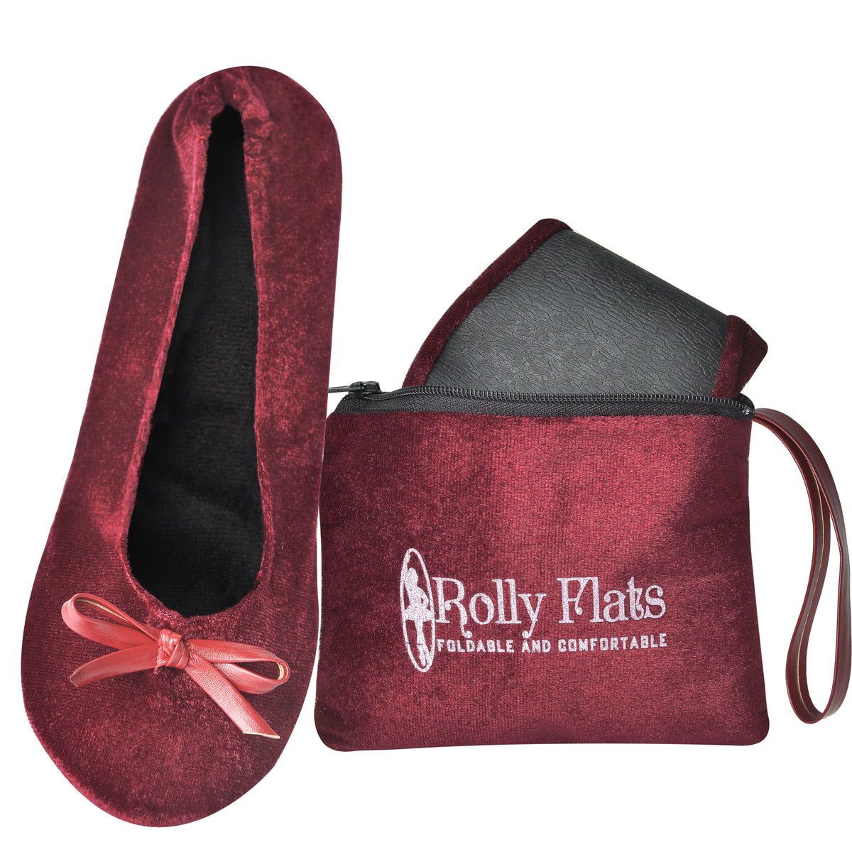 Rolly Flats-Women's Foldable Ballet Flats, Travel & Wedding Shoes, Fit in Your Purse-Burgundy Velvet