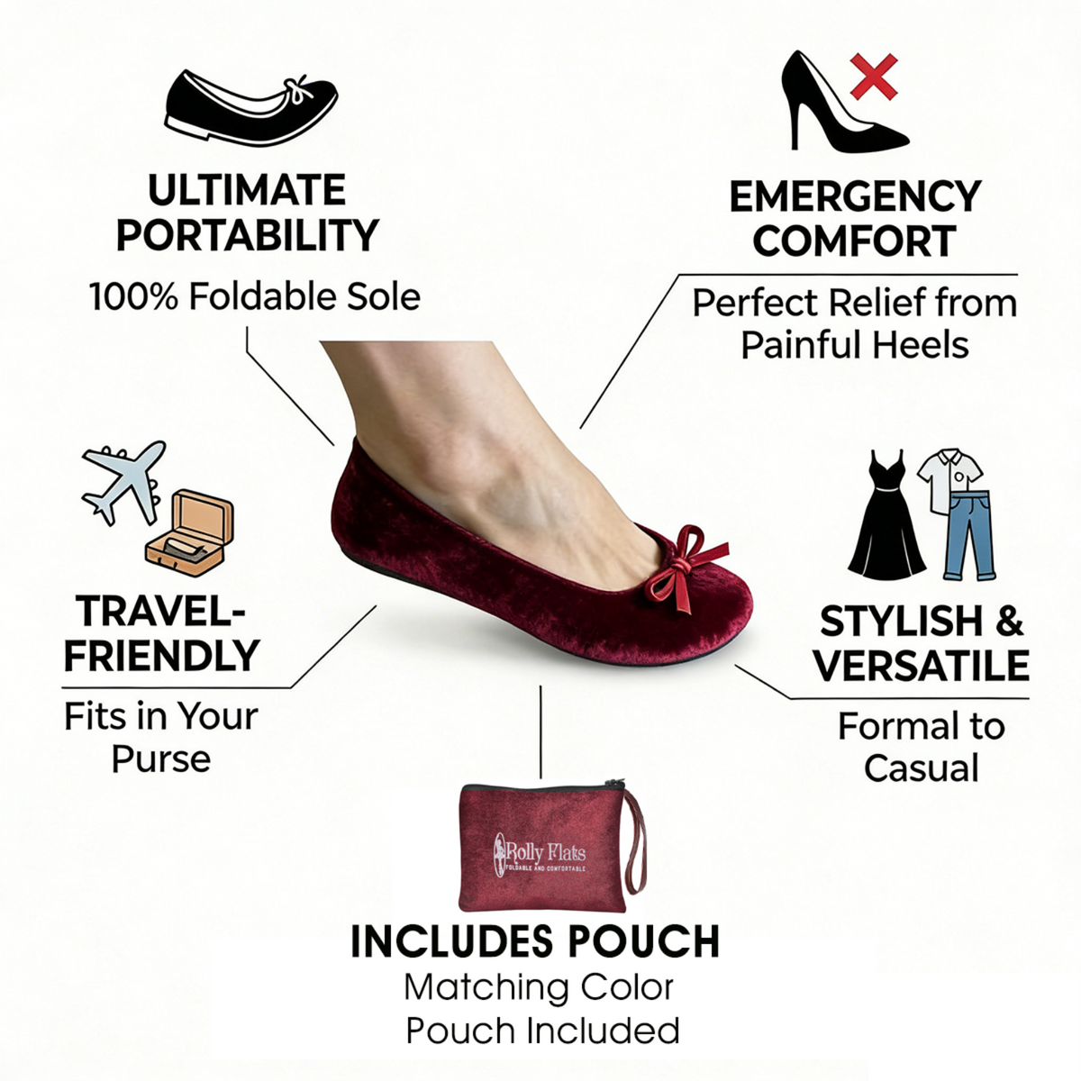 Rolly Flats-Women's Foldable Ballet Flats, Travel & Wedding Shoes, Fit in Your Purse-Burgundy Velvet