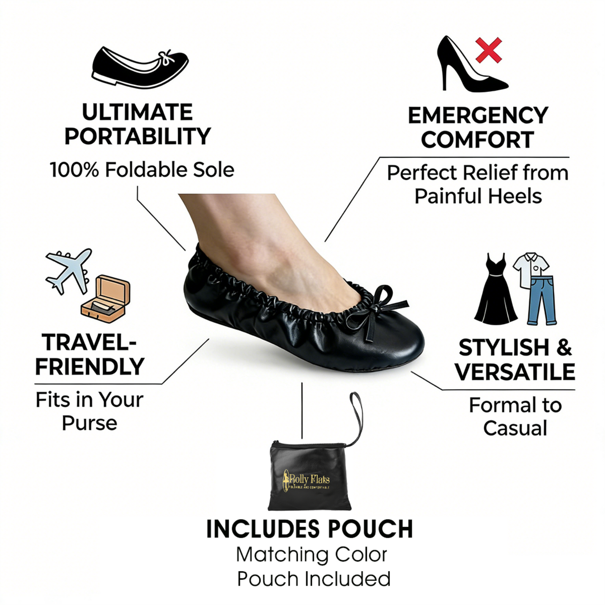 Rolly Flats-Kids's Portable Foldable Ballet Flats Shoes Pumps Roll Up Slippers with Travel Pouch Bag-Black