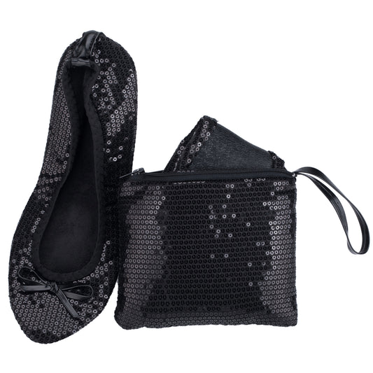Rolly Flats-Kids's Portable Foldable Ballet Flats Shoes Pumps Roll Up Slippers with Travel Pouch Bag-Black Sequin