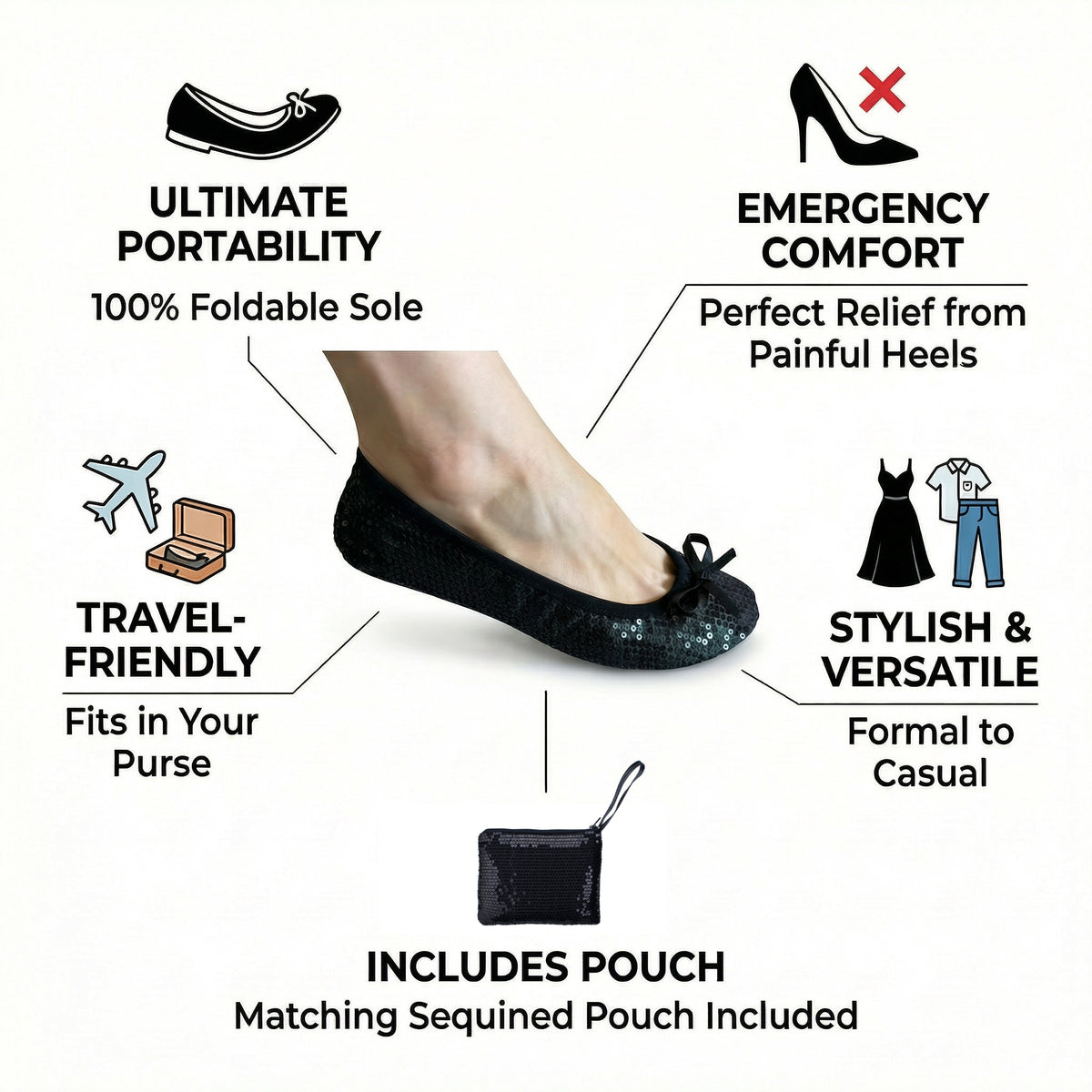 Rolly Flats-Women's Foldable Ballet Flats, Travel & Wedding Shoes, Fit in Your Purse + Tote-Black Sequin