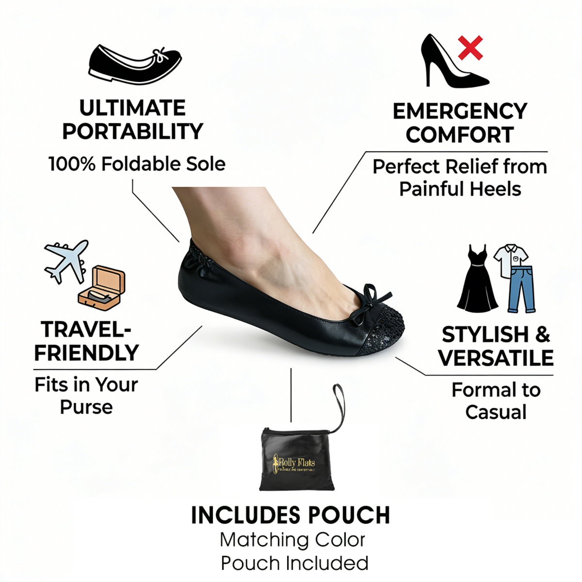 Rolly Flats-Women's Foldable Ballet Flats, Travel & Wedding Shoes, Fit in Your Purse-Black Sequin Tip