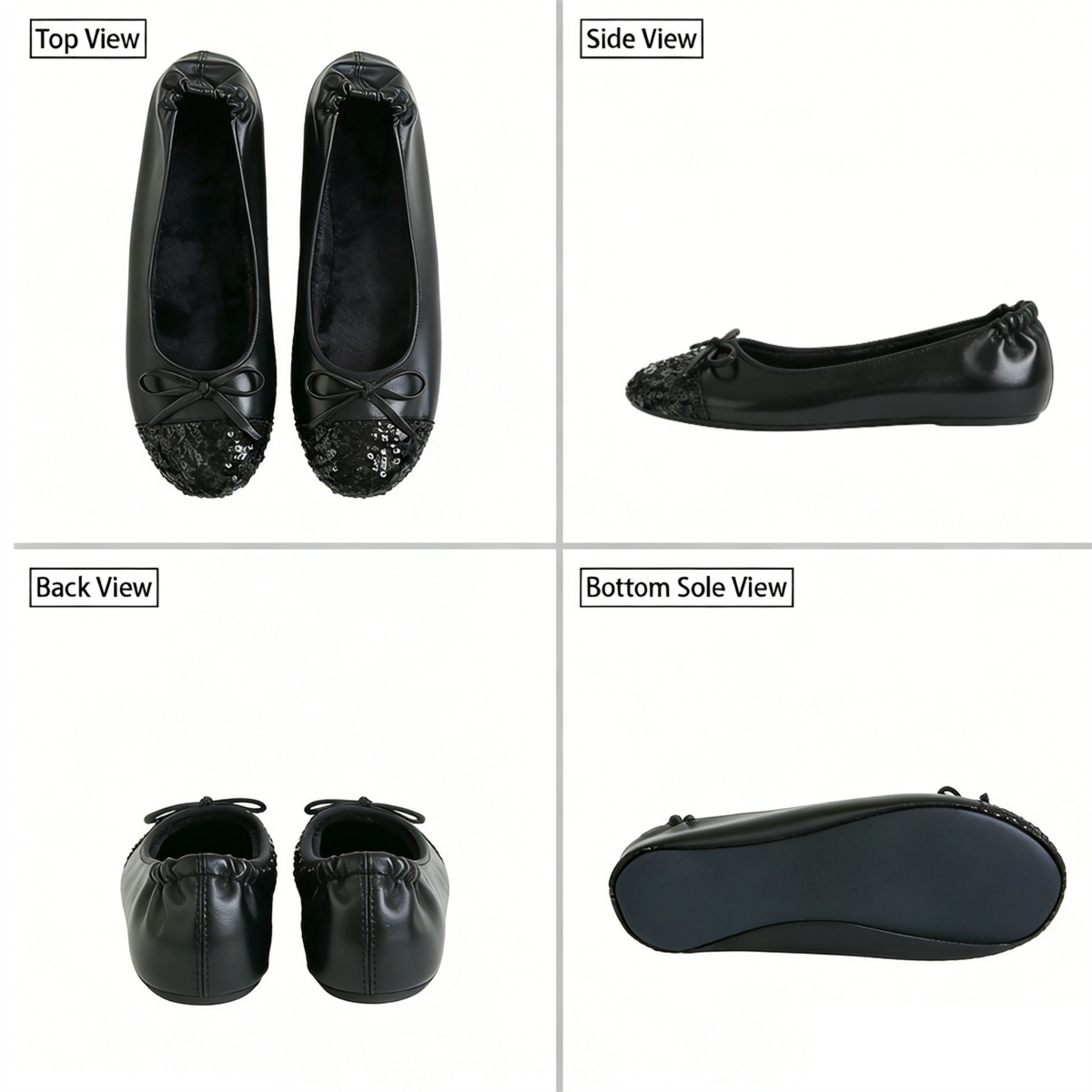 Rolly Flats-Women's Foldable Ballet Flats, Travel & Wedding Shoes, Fit in Your Purse-Black Sequin Tip