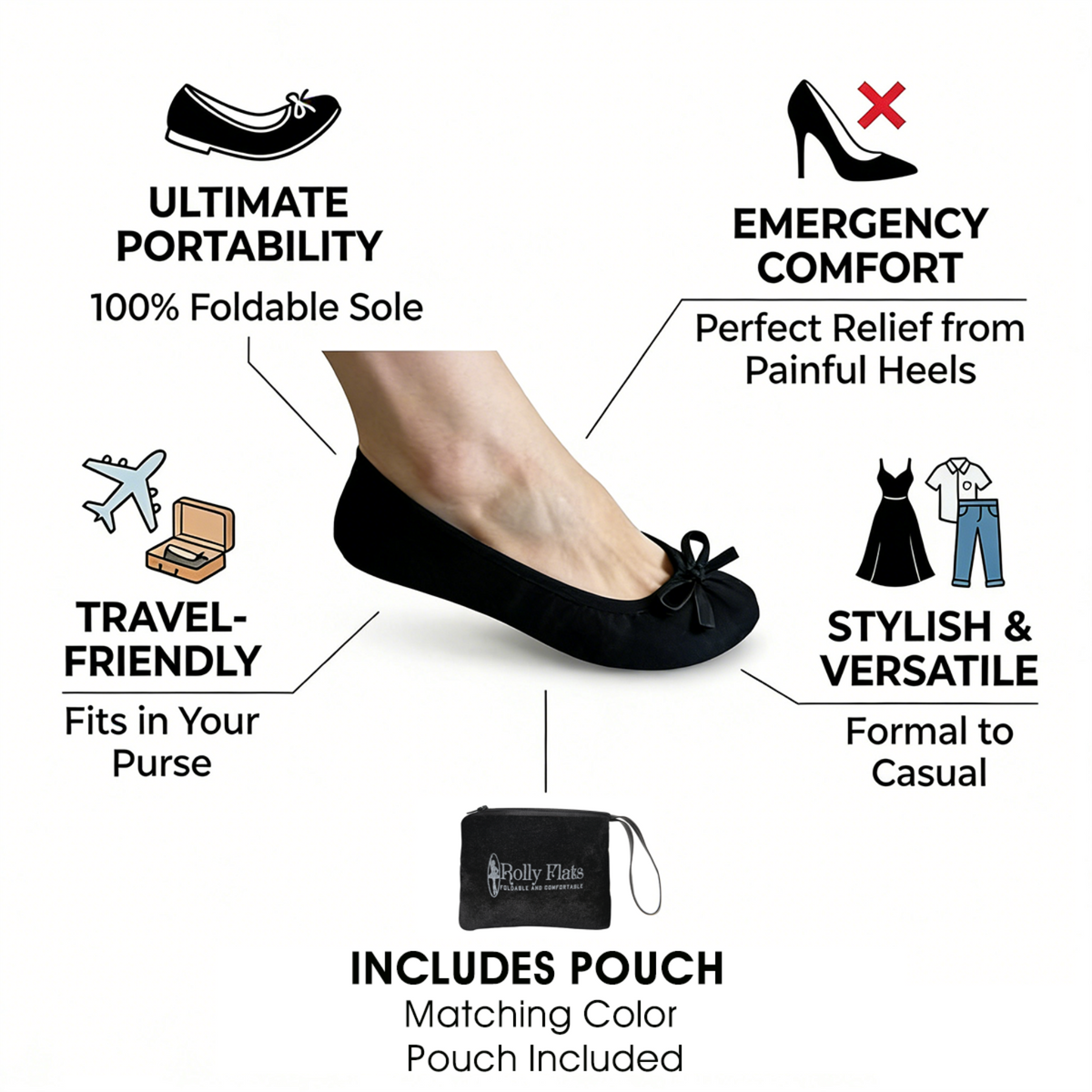 Rolly Flats-Women's Foldable Ballet Flats, Travel & Wedding Shoes, Fit in Your Purse-Black Velvet