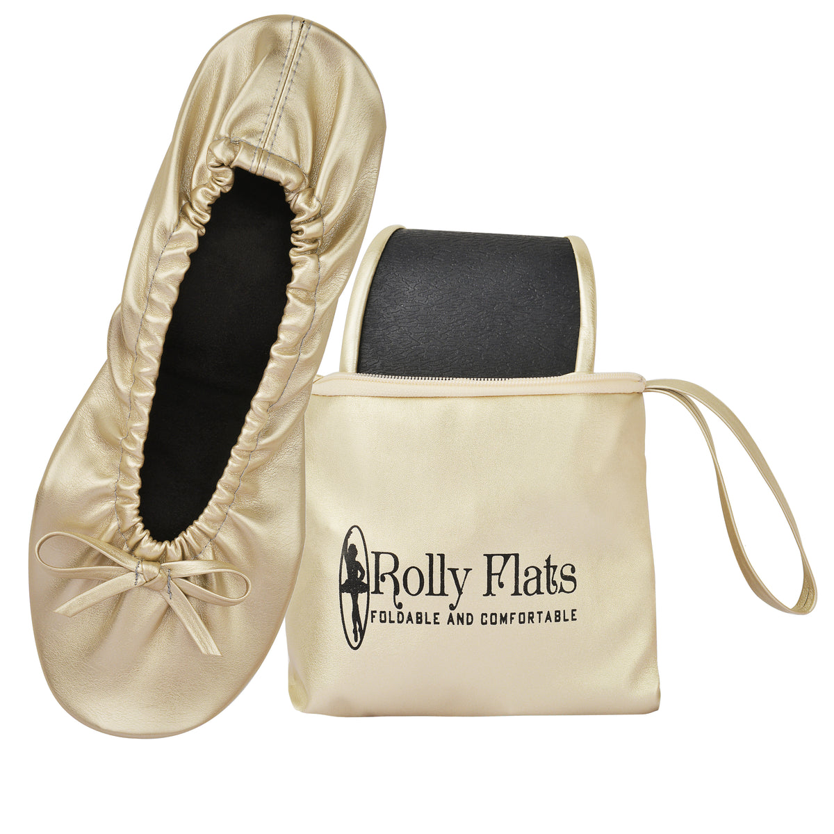 Rolly Flats-Women's Foldable Ballet Flats, Travel & Wedding Shoes, Fit in Your Purse-Champagne Gold (non elastic)