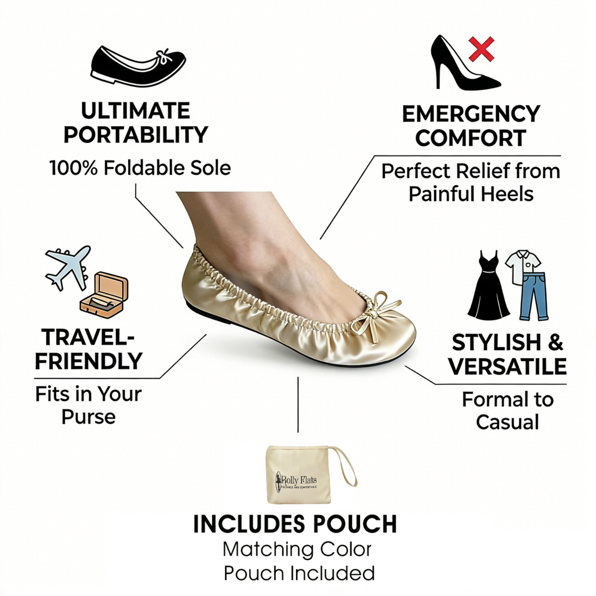 Rolly Flats-Women's Foldable Ballet Flats, Travel & Wedding Shoes, Fit in Your Purse-Champagne Gold (non elastic)