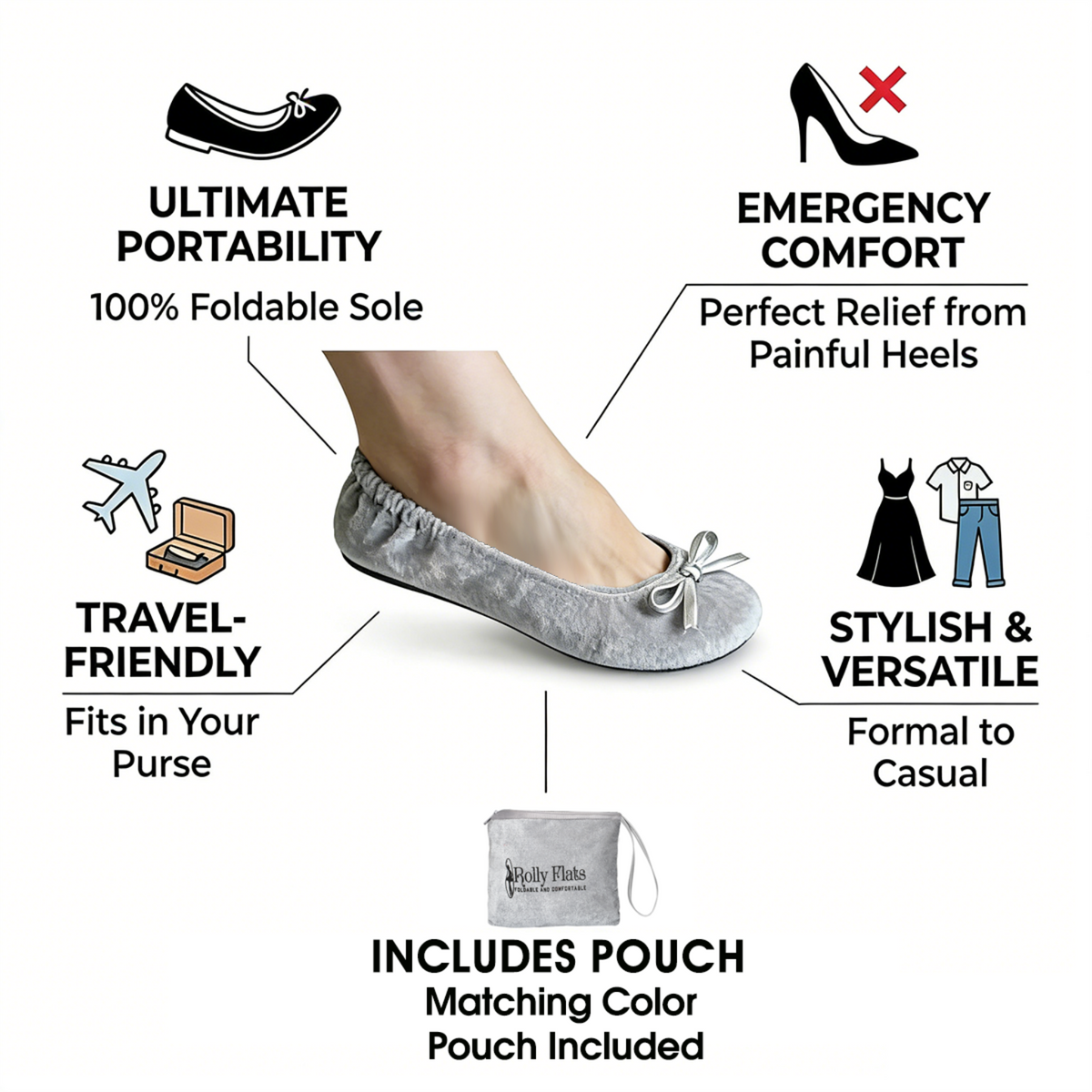 Rolly Flats-Women's Foldable Ballet Flats, Travel & Wedding Shoes, Fit in Your Purse-Light Grey Velvet