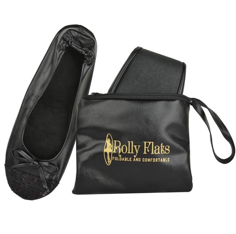 Rolly Flats-Women's Foldable Ballet Flats, Travel & Wedding Shoes, Fit in Your Purse-Black Sequin Tip