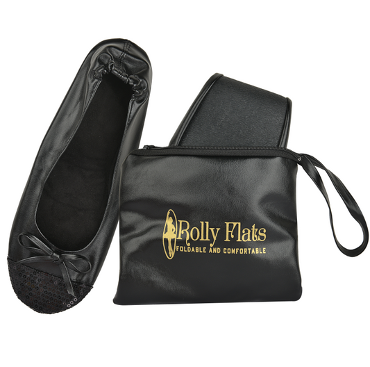 Rolly Flats-Women's Foldable Ballet Flats, Travel & Wedding Shoes, Fit in Your Purse-Black Sequin Tip