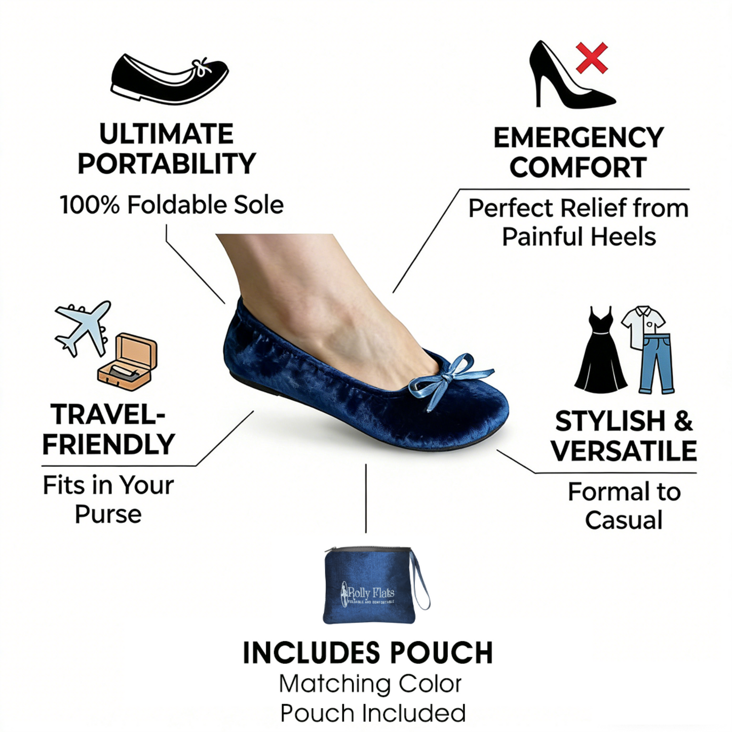 Rolly Flats-Women's Foldable Ballet Flats, Travel & Wedding Shoes, Fit in Your Purse-Royal Blue Velvet