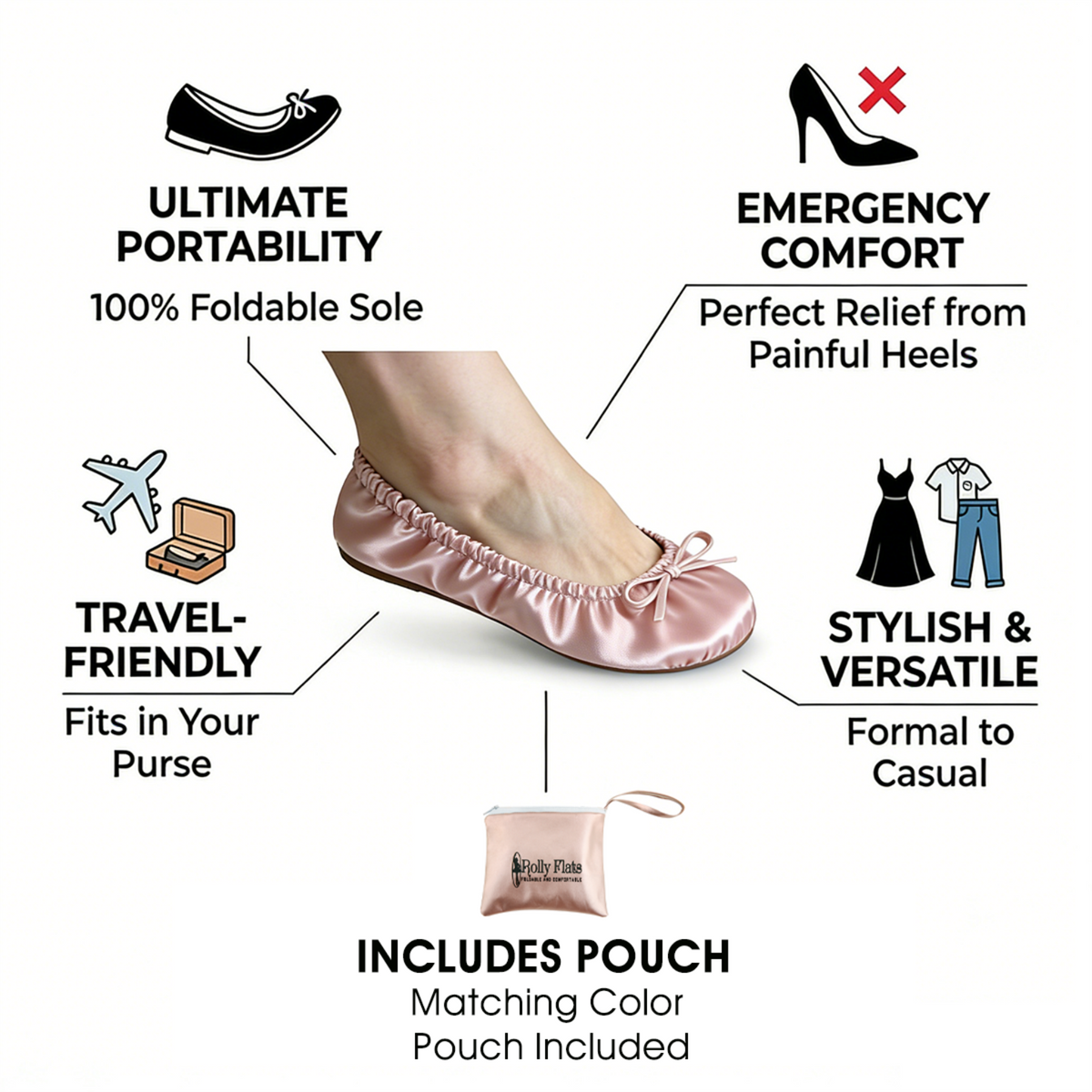 Rolly Flats-Women's Foldable Ballet Flats, Travel & Wedding Shoes, Fit in Your Purse + Tote-Rose Gold