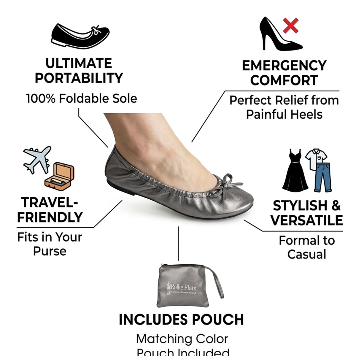 Rolly Flats-Women's Foldable Ballet Flats, Travel & Wedding Shoes, Fit in Your Purse-Space Grey