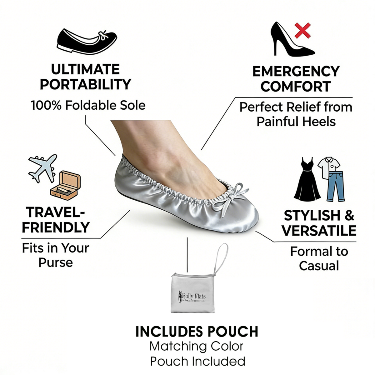 Rolly Flats-Kids's Portable Foldable Ballet Flats Shoes Pumps Roll Up Slippers with Travel Pouch Bag-Silver