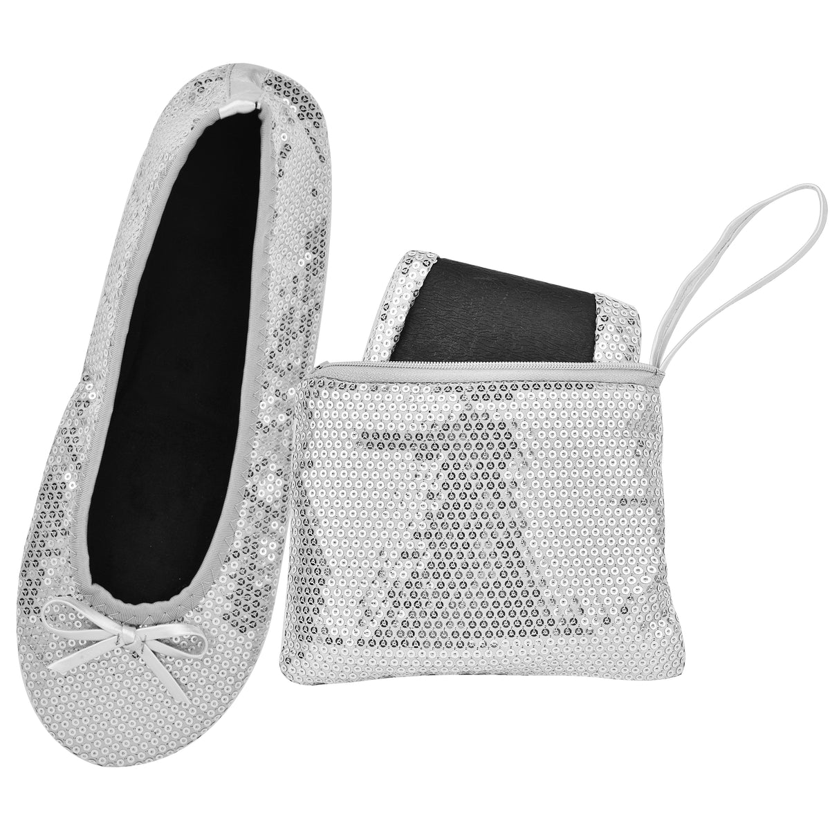Rolly Flats-Women's Foldable Ballet Flats, Travel & Wedding Shoes, Fit in Your Purse-Silver Sequin