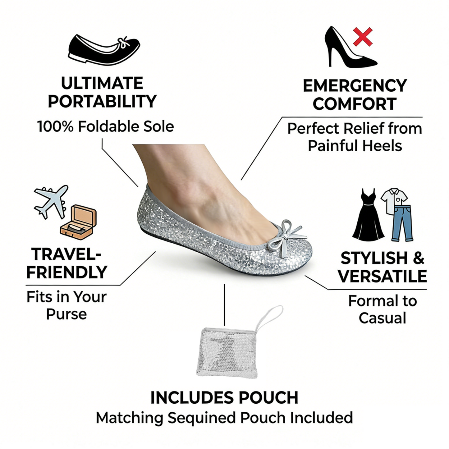 Rolly Flats-Women's Foldable Ballet Flats, Travel & Wedding Shoes, Fit in Your Purse-Silver Sequin