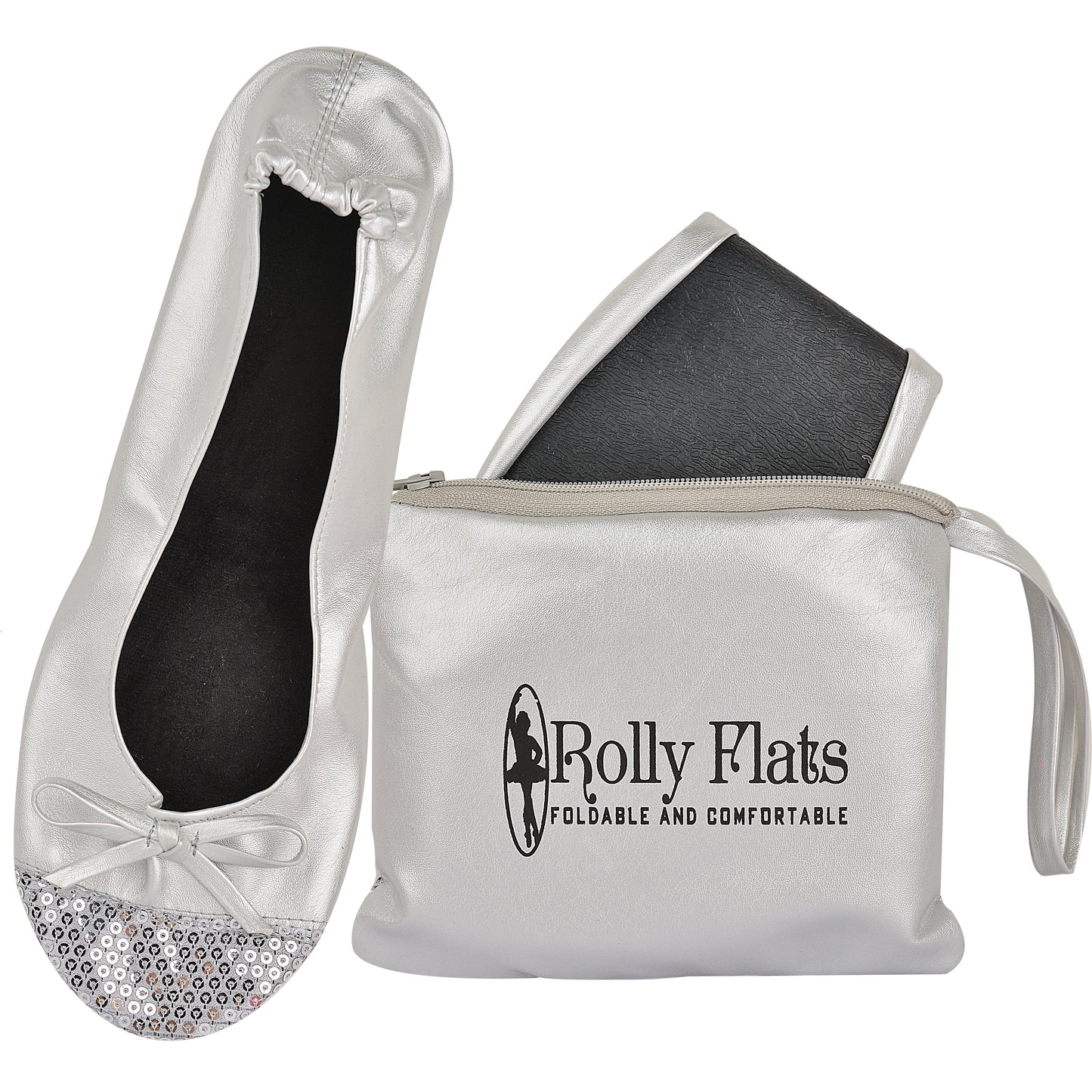 Rolly Flats-Women's Foldable Ballet Flats, Travel & Wedding Shoes, Fit in Your Purse-Silver Sequin Tip