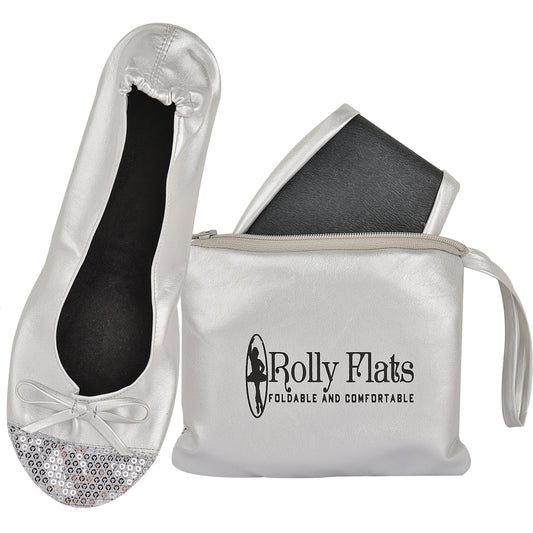 Rolly Flats-Women's Foldable Ballet Flats, Travel & Wedding Shoes, Fit in Your Purse-Silver Sequin Tip