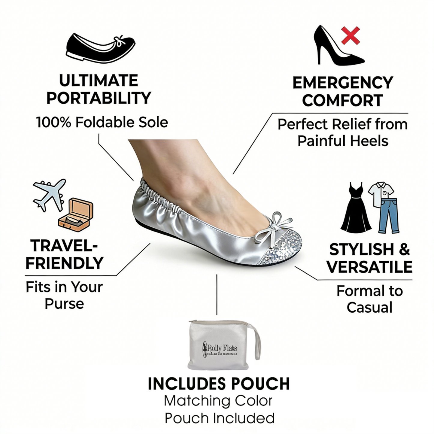 Rolly Flats-Women's Foldable Ballet Flats, Travel & Wedding Shoes, Fit in Your Purse-Silver Sequin Tip