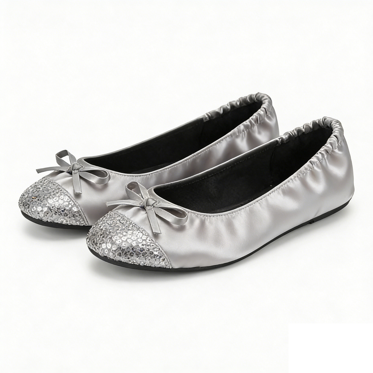 Rolly Flats-Women's Foldable Ballet Flats, Travel & Wedding Shoes, Fit in Your Purse-Silver Sequin Tip