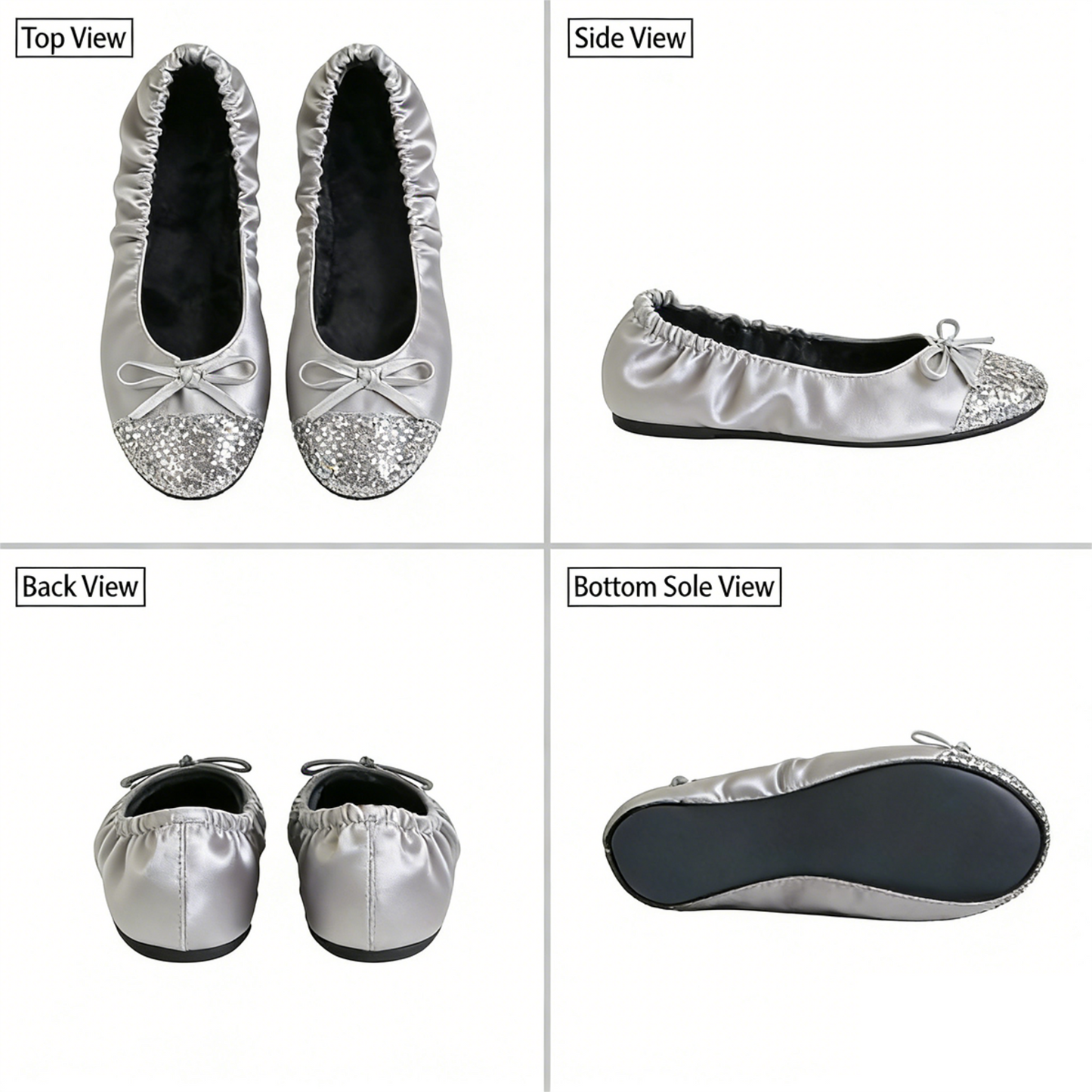 Rolly Flats-Women's Foldable Ballet Flats, Travel & Wedding Shoes, Fit in Your Purse-Silver Sequin Tip