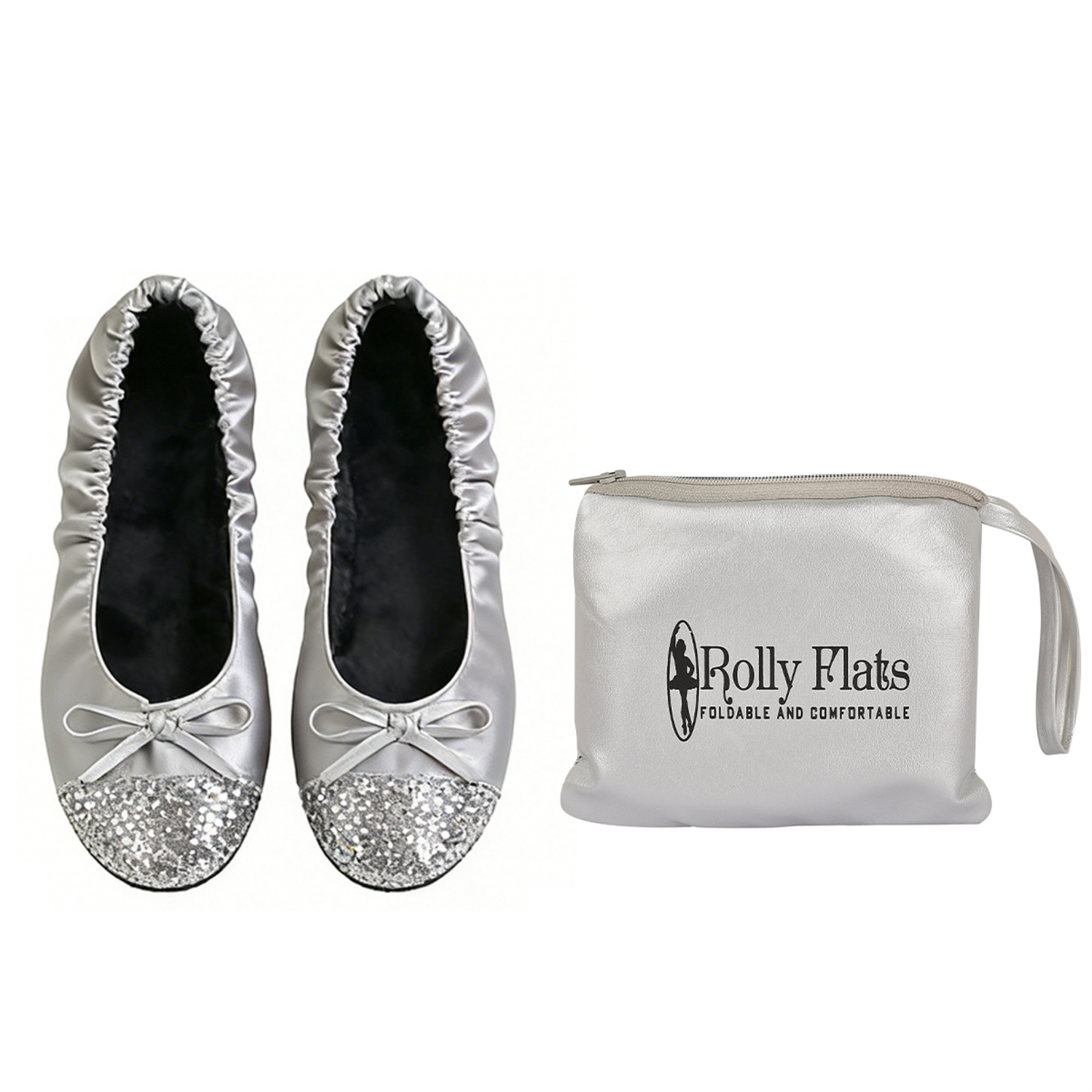Rolly Flats-Women's Foldable Ballet Flats, Travel & Wedding Shoes, Fit in Your Purse-Silver Sequin Tip